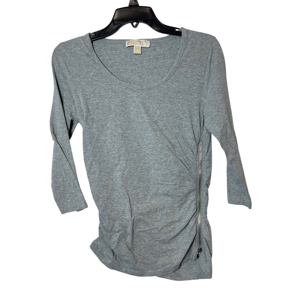 MICHAEL Michael Kors Ruched Side Zip 3/4 Sleeve Knit Top M Heather Grey